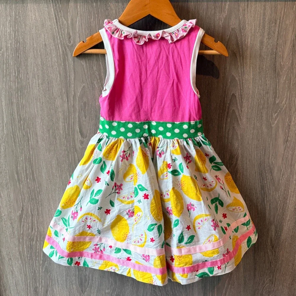 Wildflowers Lemon Print Dress Girls 2 Pink Green Polka Dot Ruffle Summer Cottage
